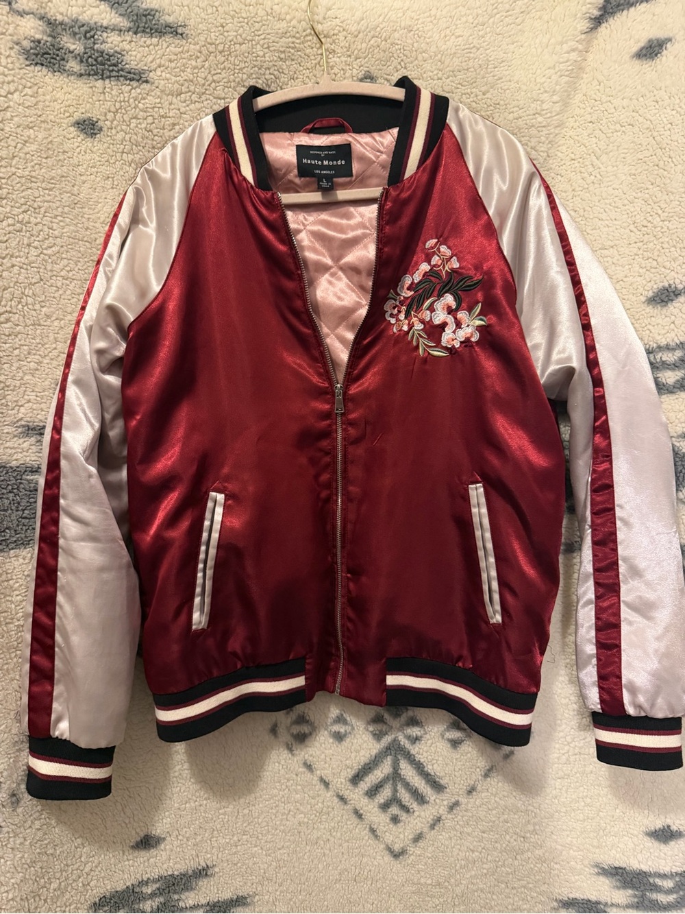 H&M Red Satin Bomber Jacket with Cream Sleeves and Floral Embroidery Large